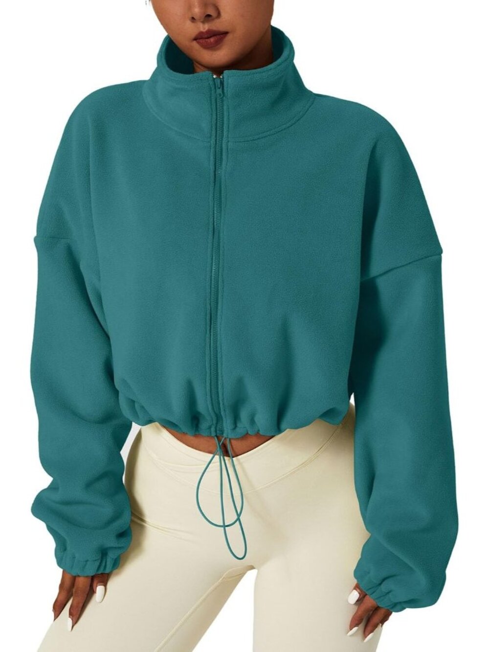Women’s Peacock Blue Cropped Sherpa Full Zip Warm Winter Coat Fleece Jacket